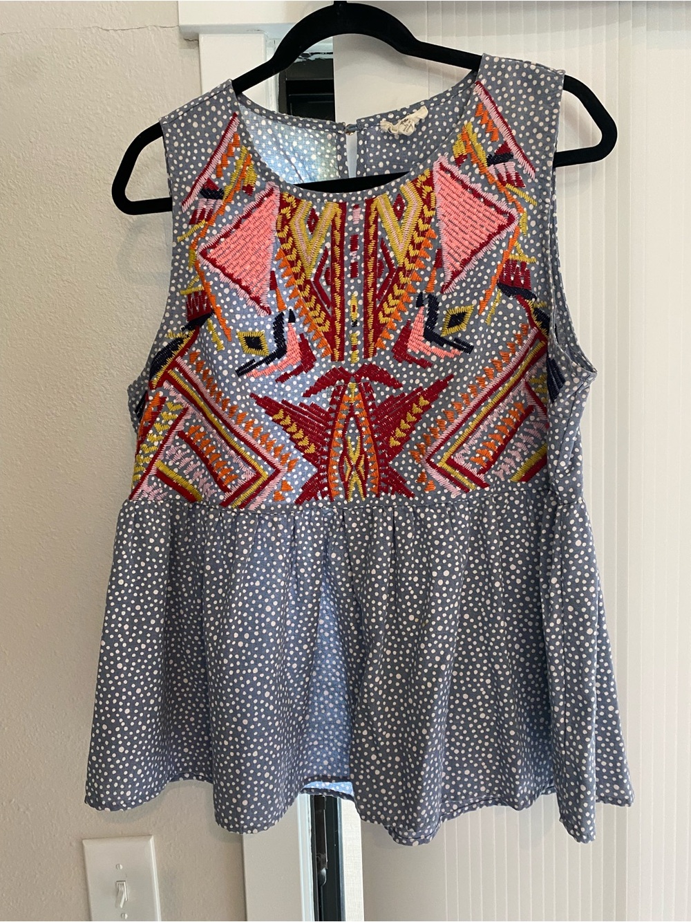Entro for Anthropologie Multicolor Embroidered Polka Dot Peplum Tank